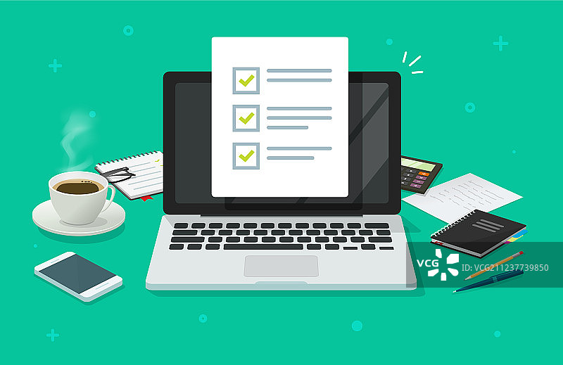 笔记本电脑和工作桌上的清单文件图片素材