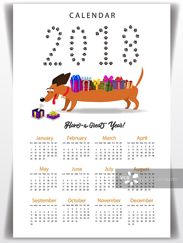 创意日历与可爱卡通腊肠犬图片素材