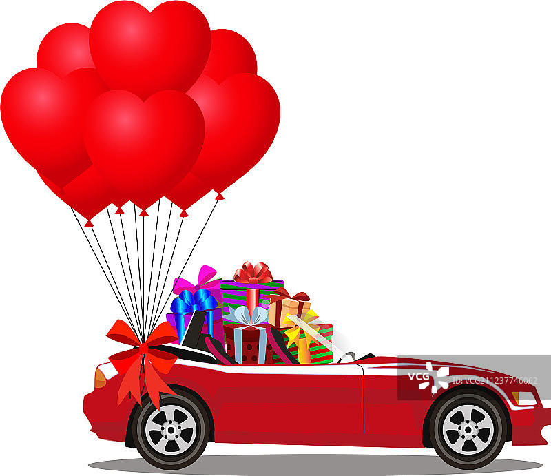 装满礼品盒的红色卡通敞篷车图片素材