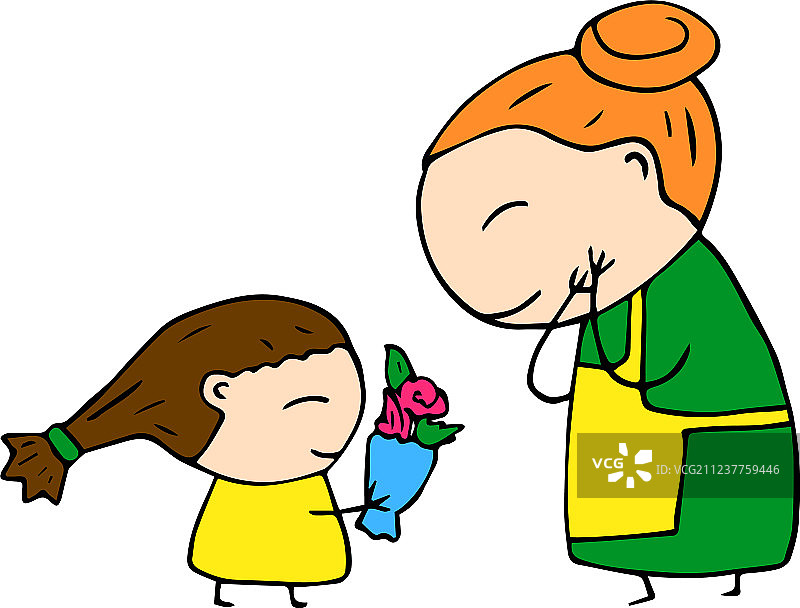 手绘的快乐母亲和孩子在白色背景上图片素材