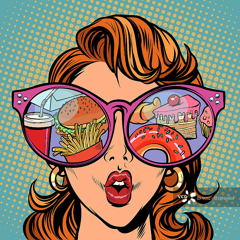 戴着太阳镜，拿着快餐和糖果的女人图片素材