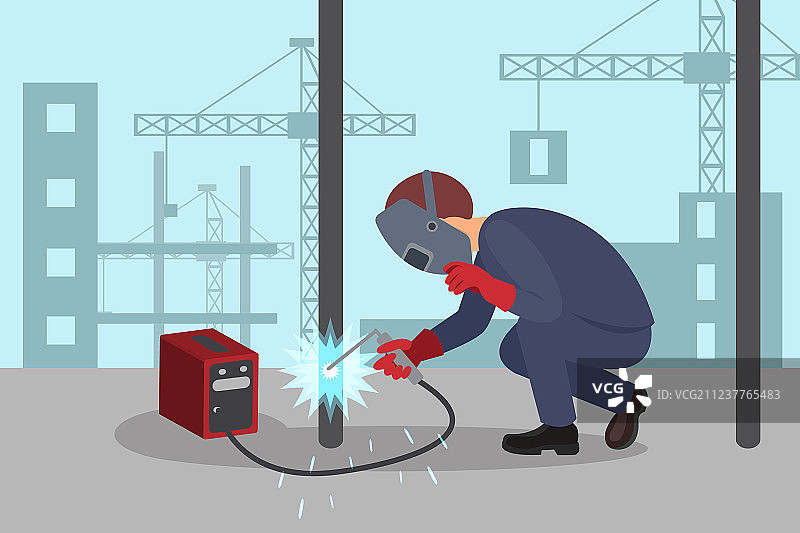 男子用焊接机焊接钢结构图片素材