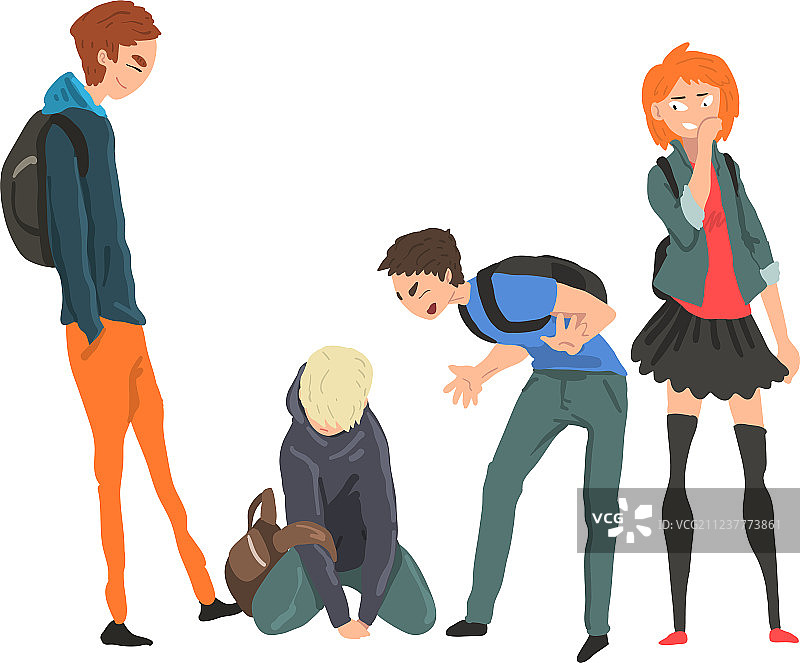 青少年男孩坐在地上被同学嘲笑图片素材