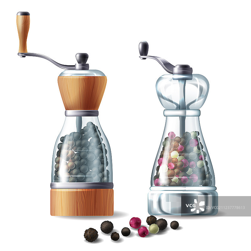 胡椒研磨器和胡椒粒图片素材