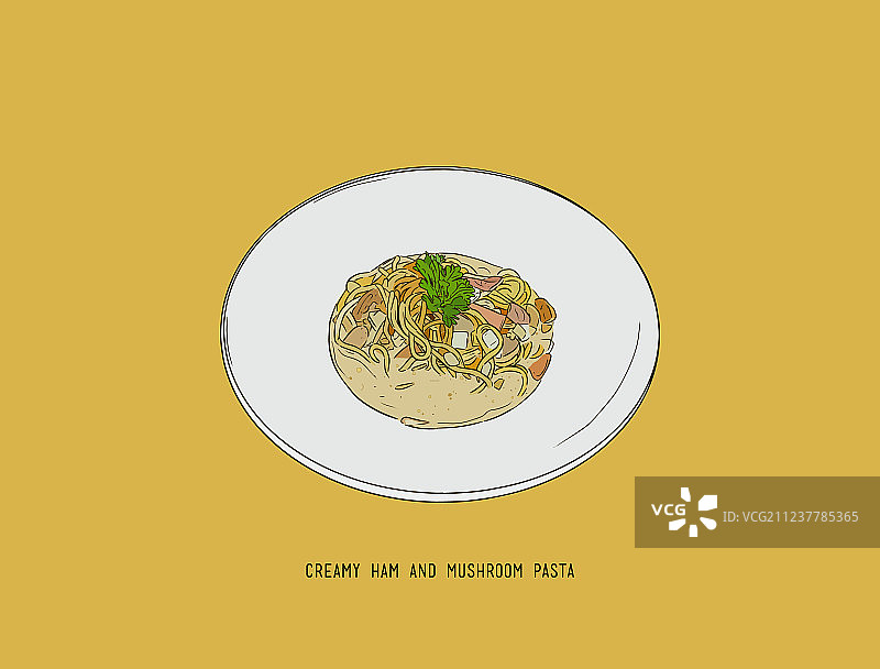 奶油火腿蘑菇意面手绘草图图片素材