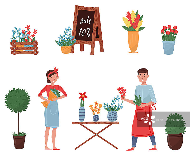扁平风格可爱花店元素图片素材