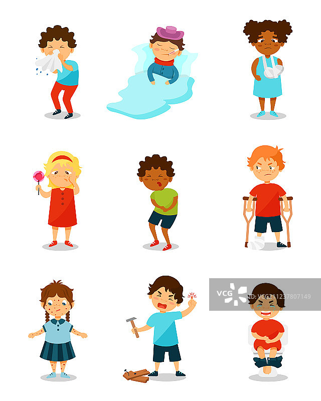 生病的孩子：患病的男孩和女孩图片素材