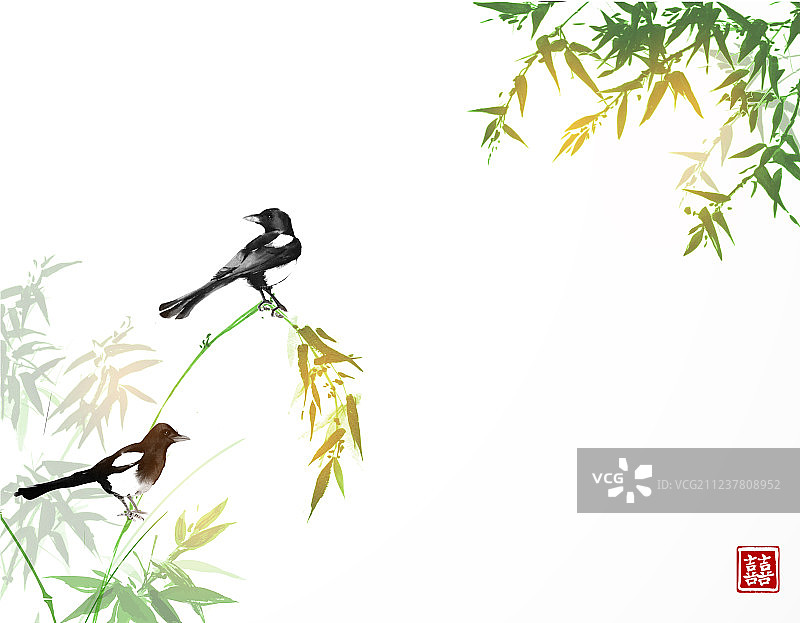 竹树与两只喜鹊传统图案图片素材