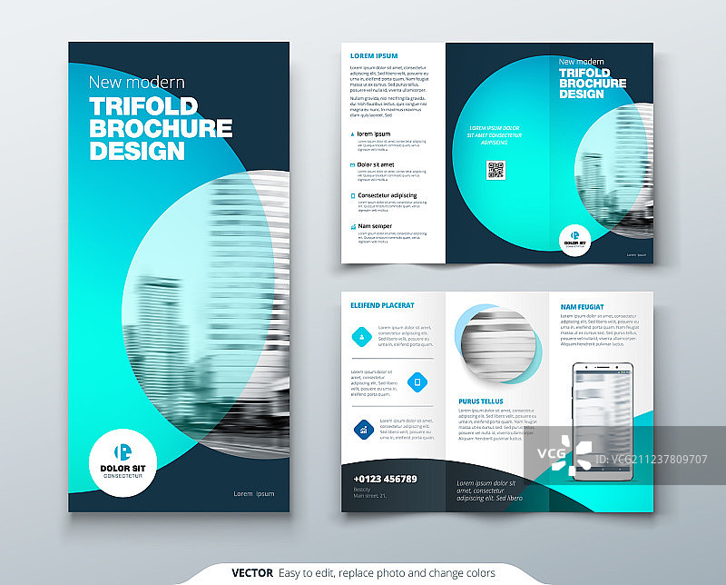 蓝橙色企业三折宣传册设计图片素材