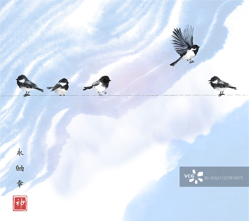 一只大鸟和四只小鸟在天空中飞翔图片素材
