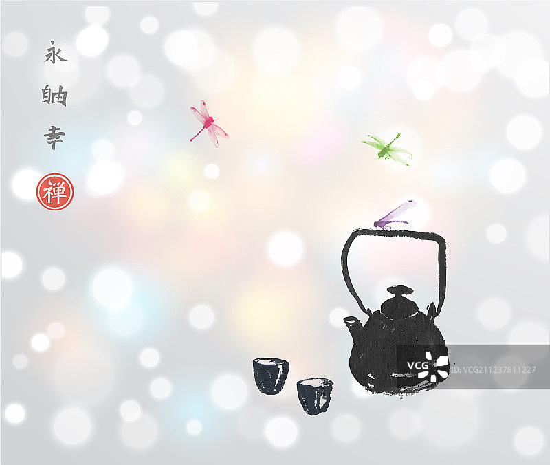 亚洲传统茶道与蜻蜓图片素材