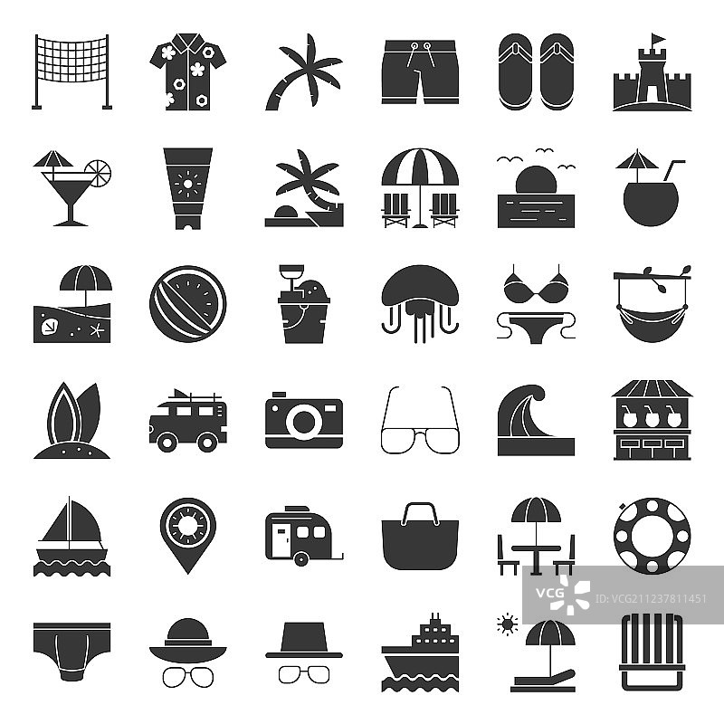 海滩度假实体图标集图片素材