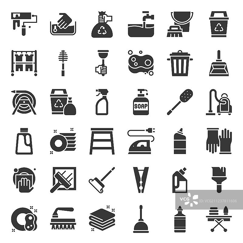 清洁和家政服务图标实体集图片素材