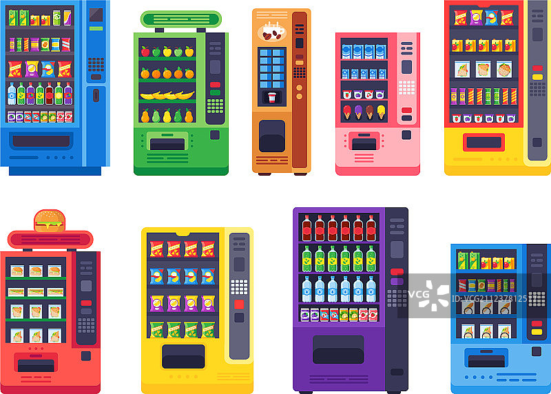 扁平风格自动售货机：零食与冰镇饮料图片素材