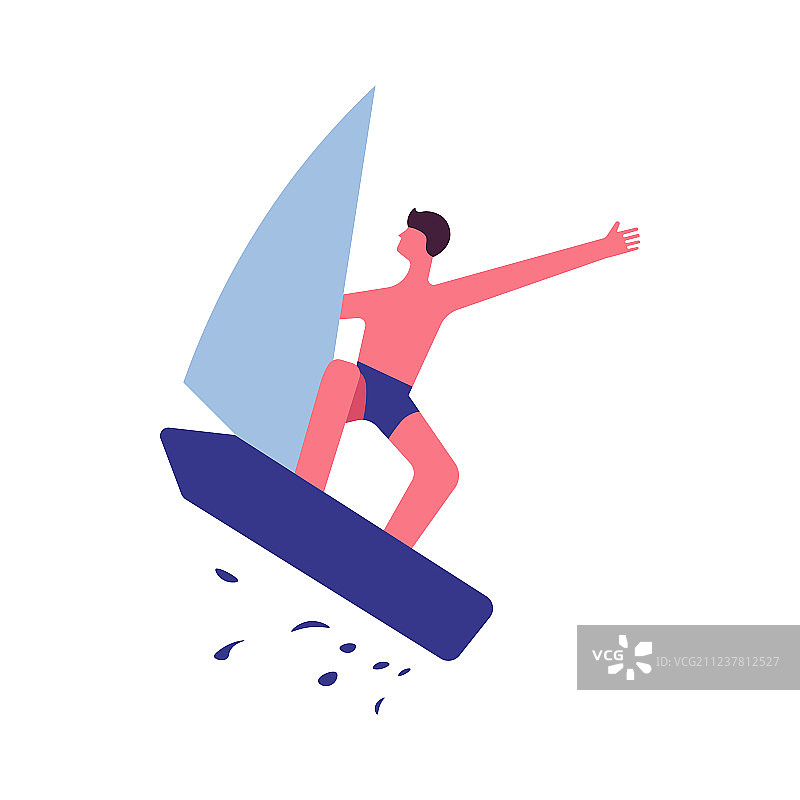 穿着泳裤的男人跳上帆板，水花四溅图片素材