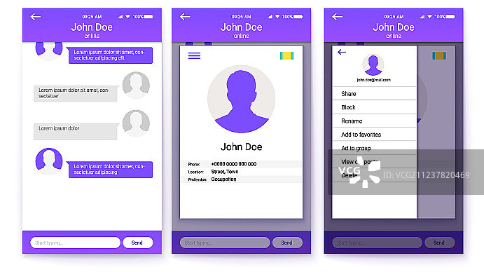 个人资料和侧边栏移动应用页面UI套件图片素材