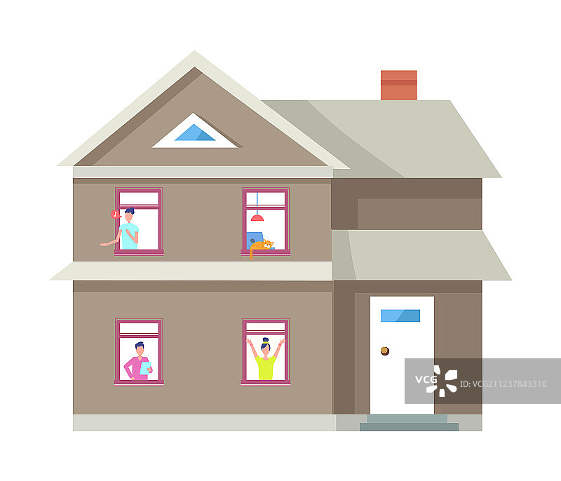 两层楼房，窗户里有人图片素材