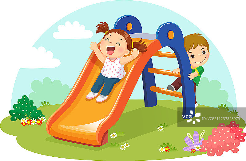 在操场上玩滑梯的可爱儿童图片素材