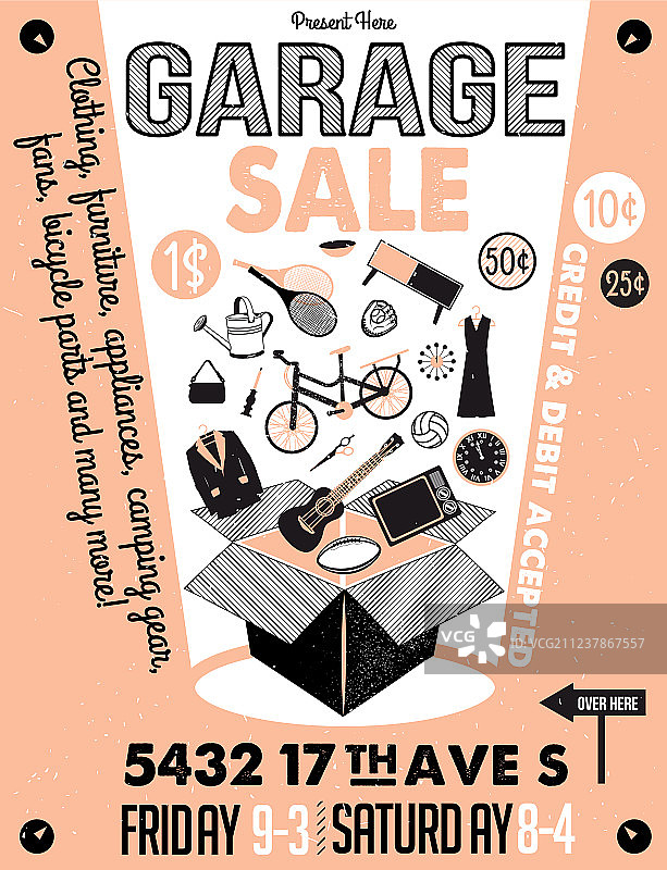 车库或庭院促销，带标志和家居用品图片素材