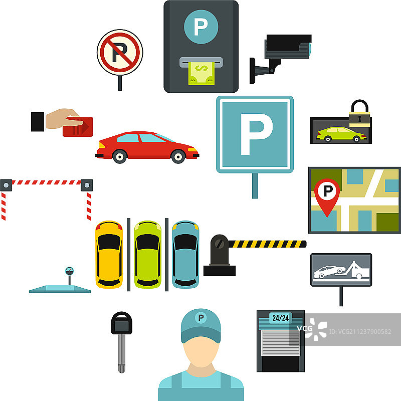 扁平风格停车场图标集图片素材