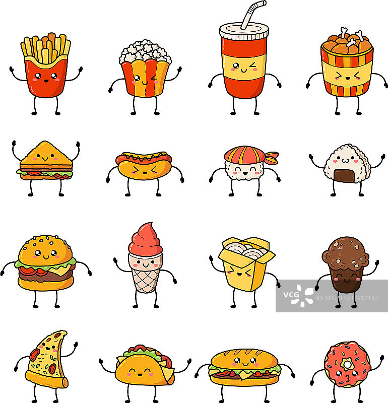 卡通涂鸦垃圾食品图标合集图片素材