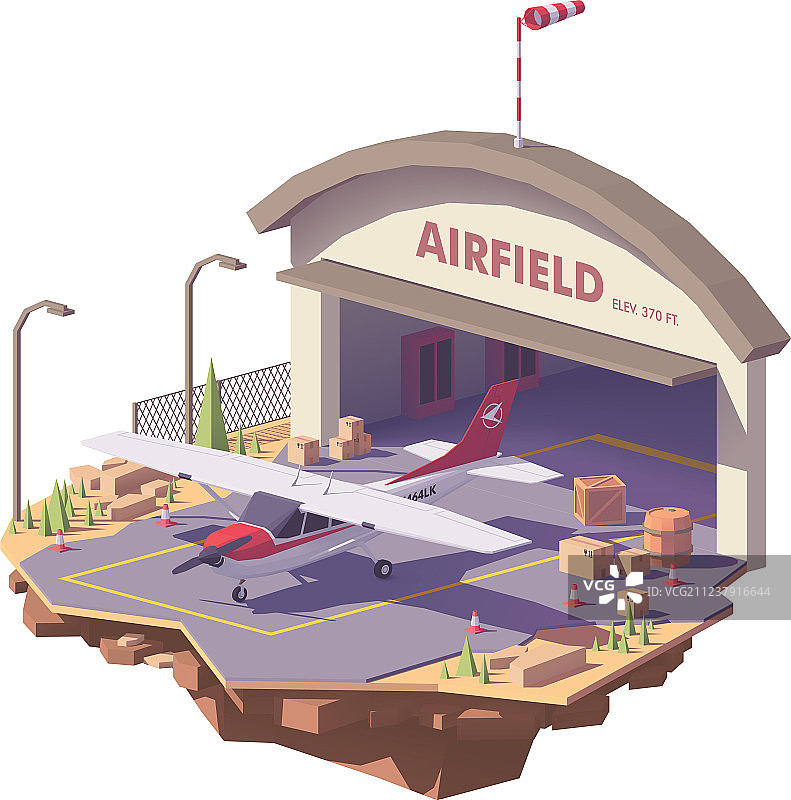 低多边形机场，带机库和飞机图片素材