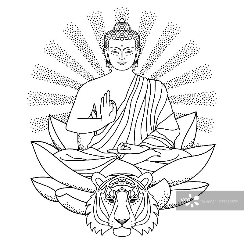 光芒和老虎背景下的莲花佛像图片素材
