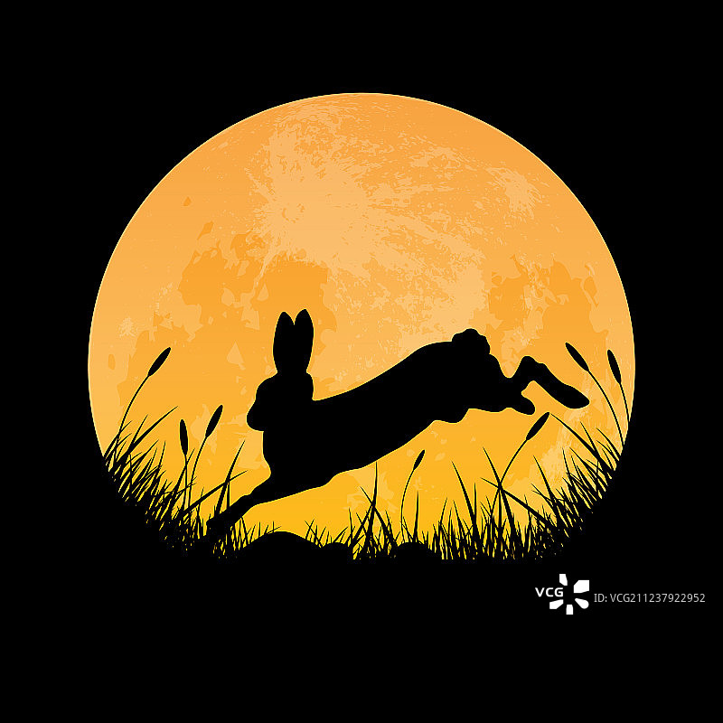 满月夜跳跃的兔子剪影图片素材