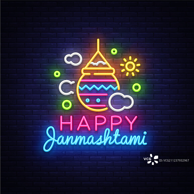 快乐的克里希纳诞辰节问候卡霓虹灯设计图片素材