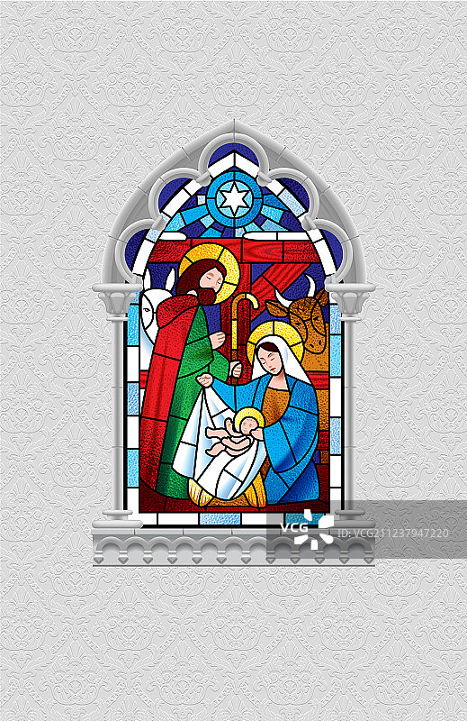 描绘圣诞场景的彩色玻璃窗图片素材