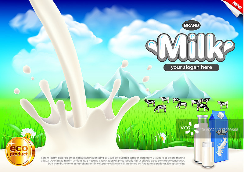 牛奶广告：飞溅与绿色田野图片素材