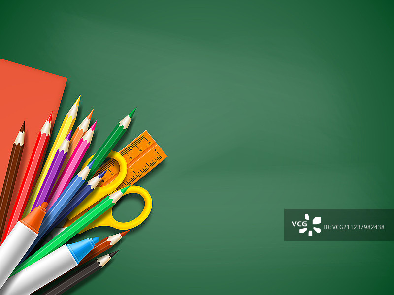 黑板上逼真的学校用品图片素材