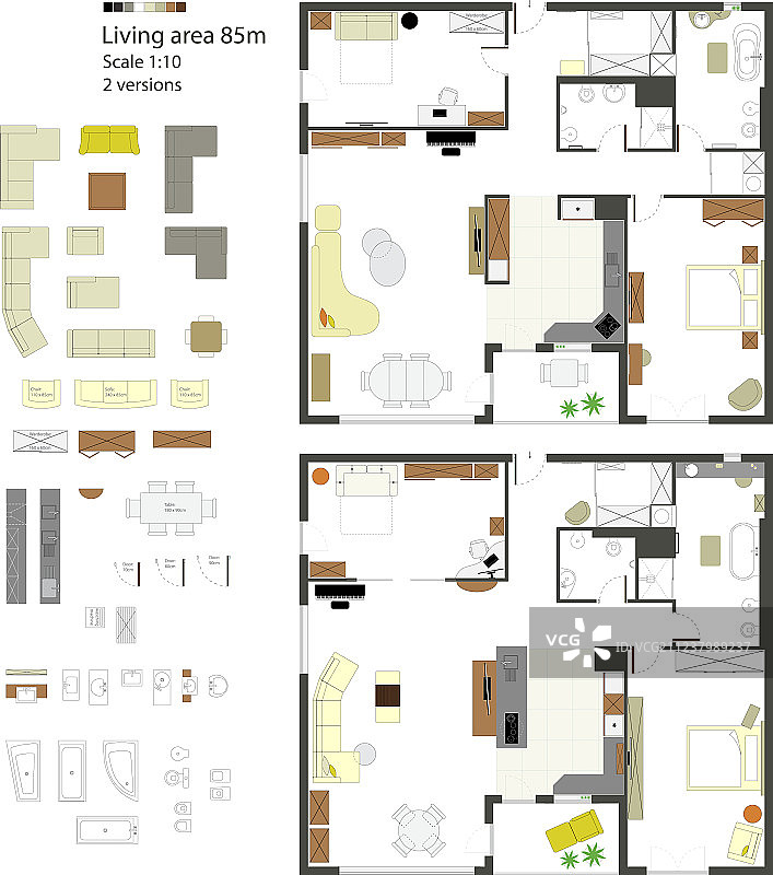 带家具的扁平风投影比例模型图片素材