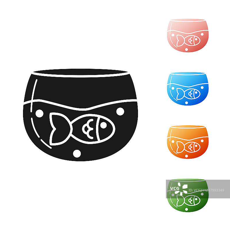 白色背景上孤立的黑色鱼缸与鱼图标图片素材