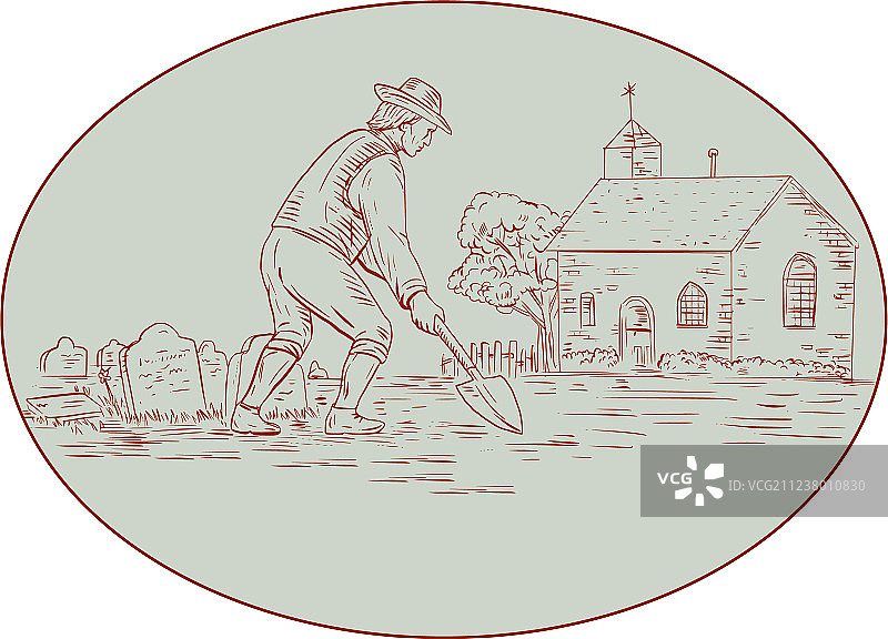 中世纪掘墓人铁锹椭圆绘画图片素材