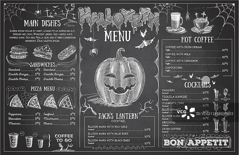 复古粉笔画万圣节菜单设计图片素材