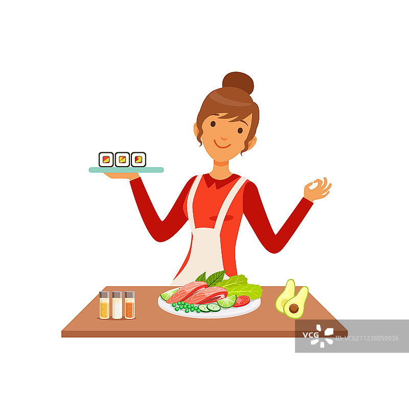 制作寿司卷的年轻快乐的女人图片素材