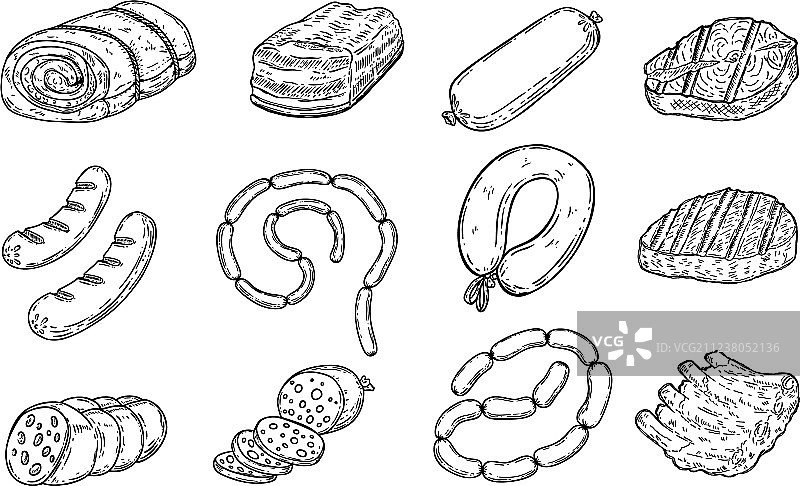 手绘肉制品：香肠与培根图片素材