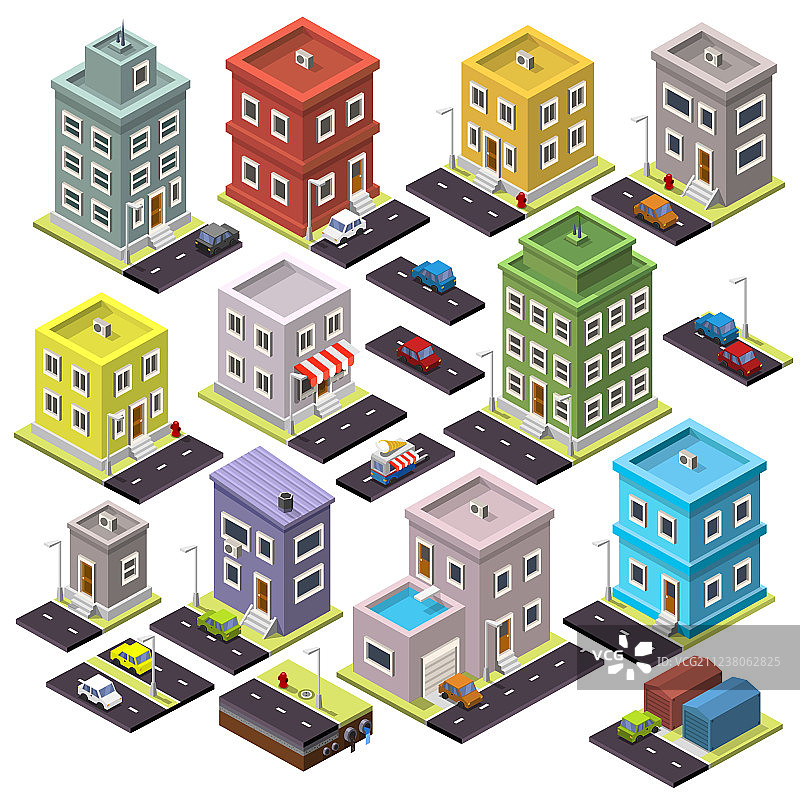 房屋与道路及车辆2.5D素材图片素材