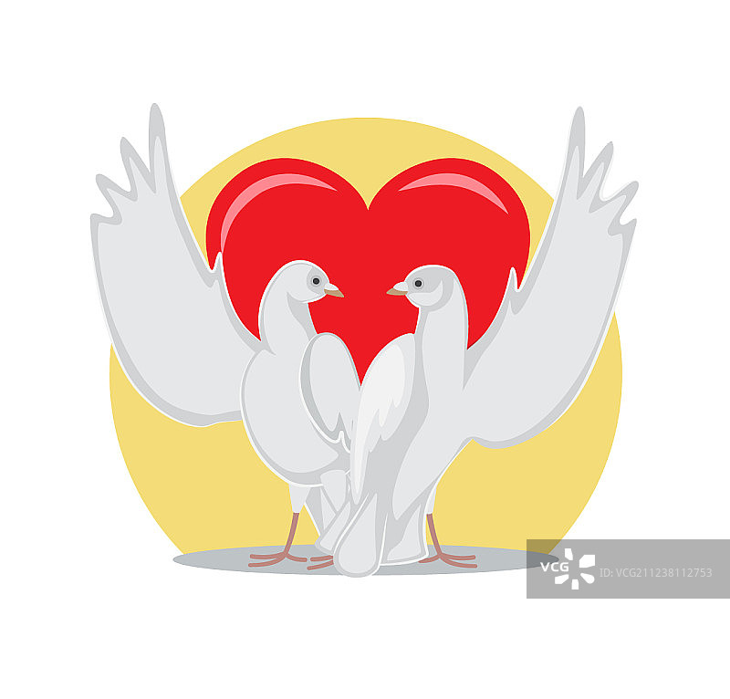 两只鸽子在红色爱心背景上展翅高飞图片素材