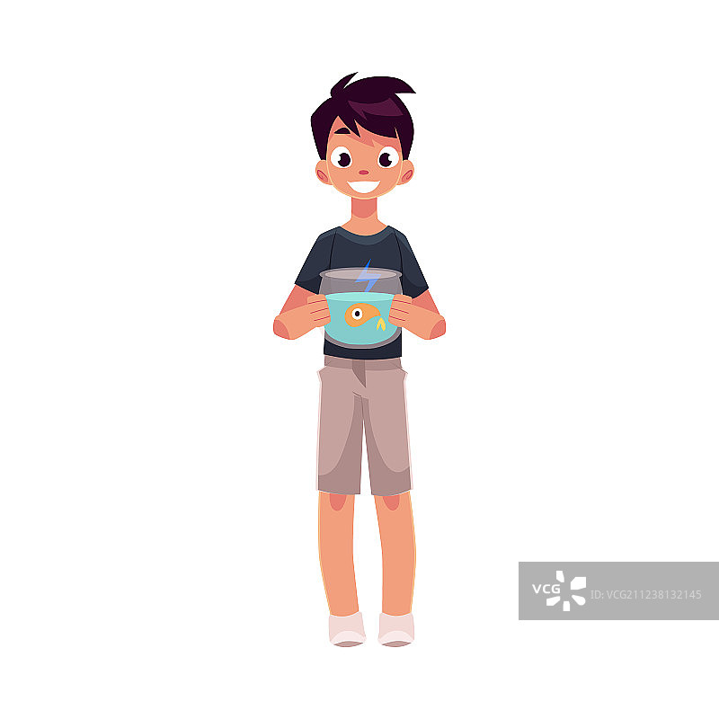 青少年男孩抱着鱼缸图片素材