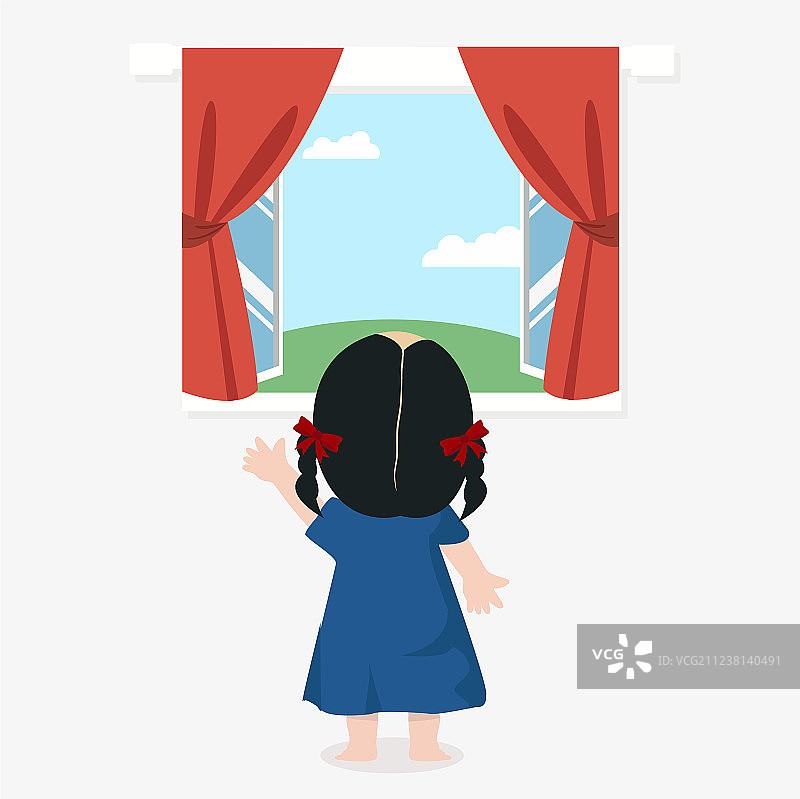 可爱的女孩背对着打开的窗户站立图片素材