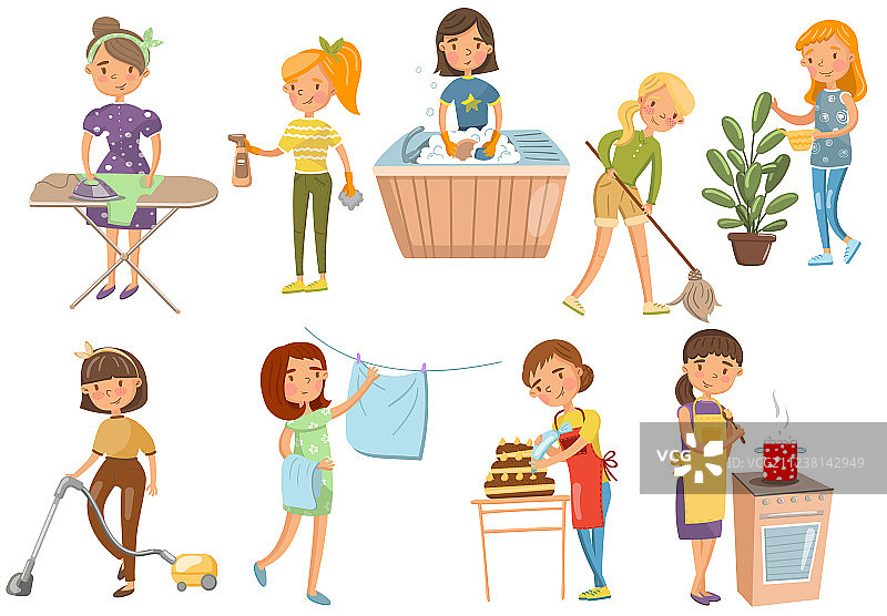 年轻女人做不同的家务图片素材