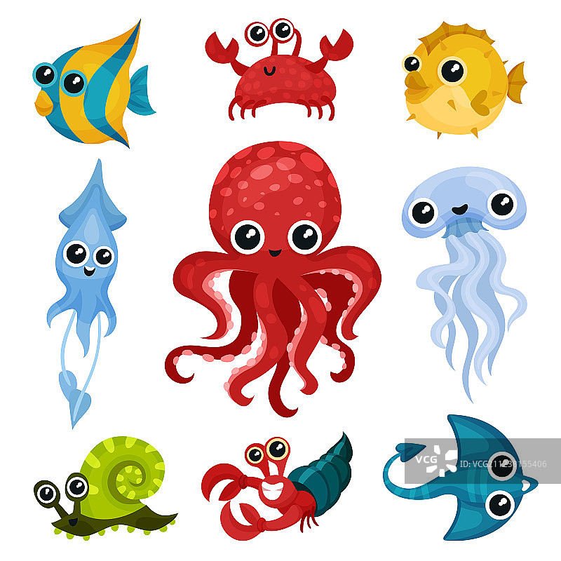 扁平风格海洋动物集合图片素材