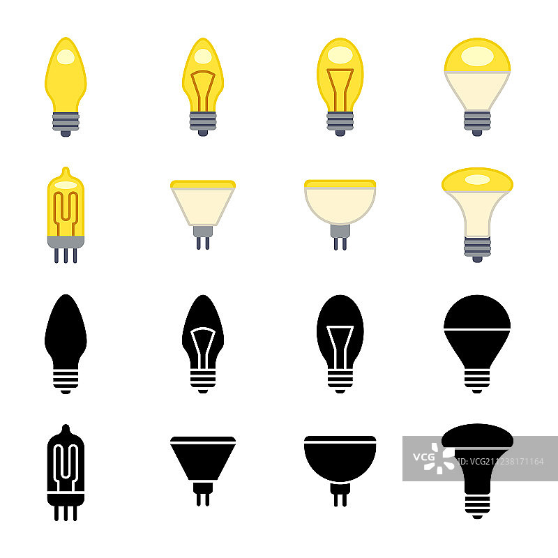 黑色剪影和彩色灯泡图标图片素材