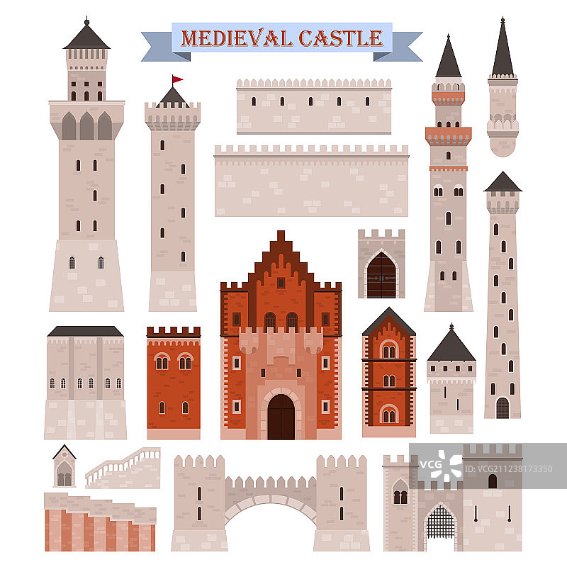 中世纪城堡的各个部分，如大门、墙壁、塔楼图片素材