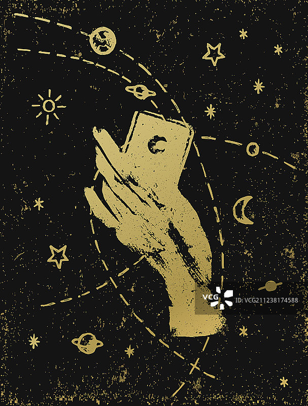 金色女巫手持宇宙，黑色纹理背景图片素材