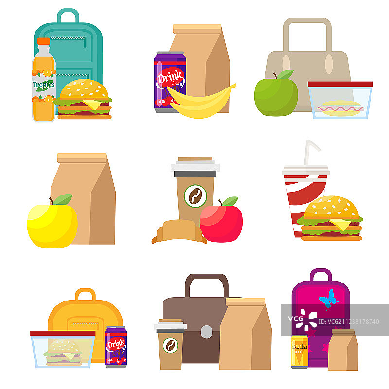 学校午餐食品盒和儿童书包图片素材