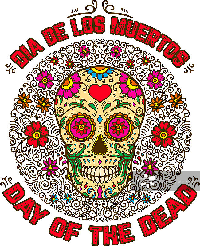 带有花卉图案的墨西哥糖骷髅图片素材