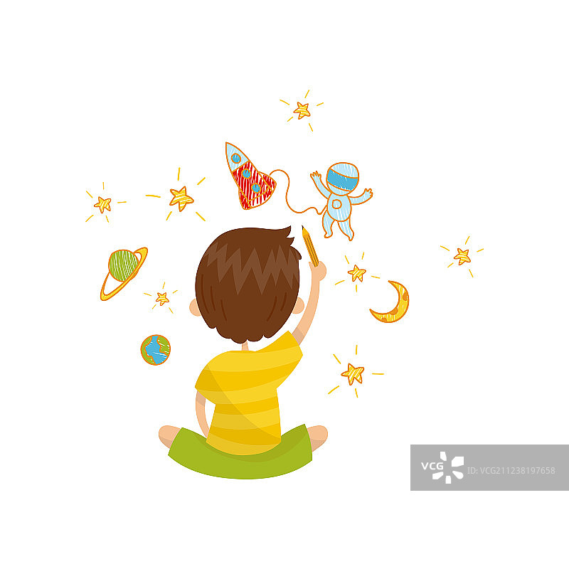 坐在地板上绘画的可爱小男孩图片素材